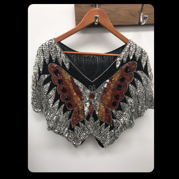 Vintage Tops - Beaded Festival Crop Top - Butterfiy